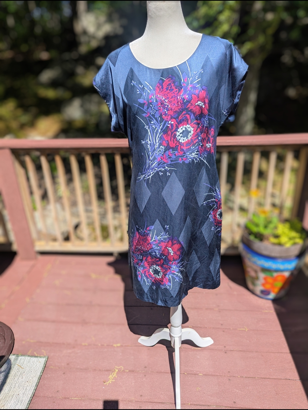 💯 Silk Autograph Navy Blue Floral Midi Dress with Pink Accents